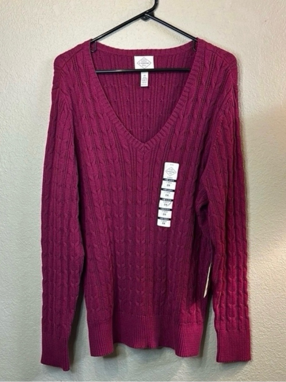 New St John’s Bay Sweater Berry Cable Knit V-Neck Preppy Casual Women’s Size 2X
